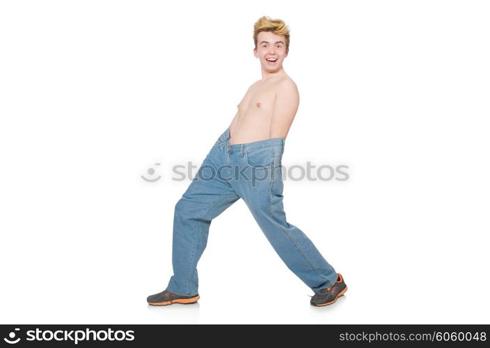 Funny man with trousers isolated on white