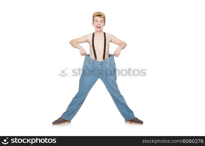 Funny man with trousers isolated on white