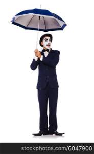 Funny man with umbrella on white