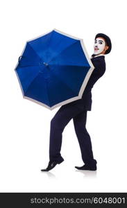 Funny man with umbrella on white