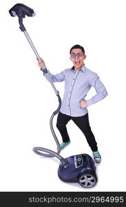 Funny man with vacuum cleaner on white