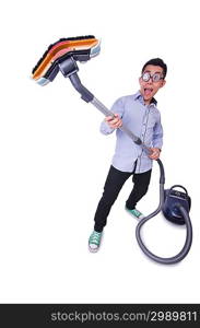 Funny man with vacuum cleaner on white