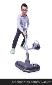 Funny man with vacuum cleaner on white