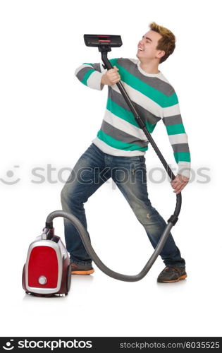 Funny man with vacuum cleaner on white