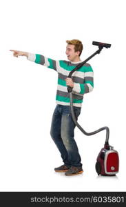 Funny man with vacuum cleaner on white