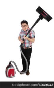 Funny man with vacuum cleaner on white