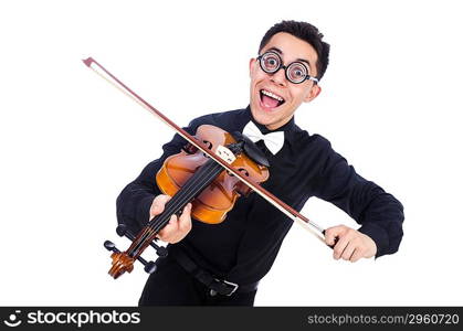 Funny man with violin on white