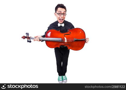 Funny man with violin on white