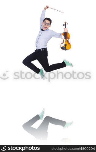 Funny man with violin on white