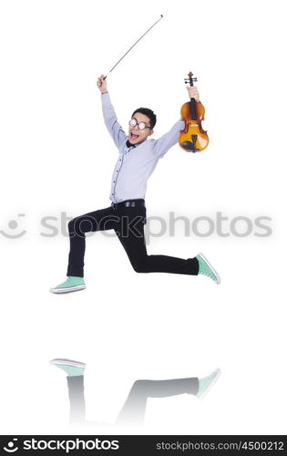 Funny man with violin on white