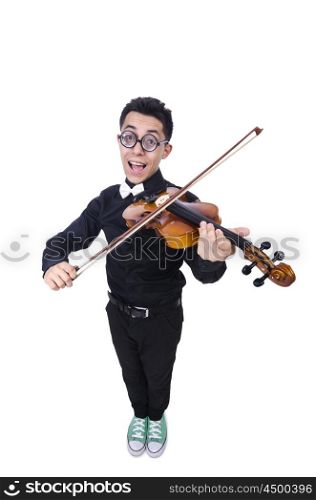 Funny man with violin on white