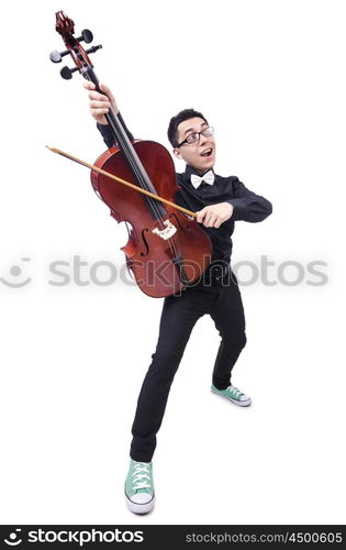 Funny man with violin on white