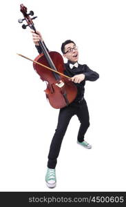 Funny man with violin on white