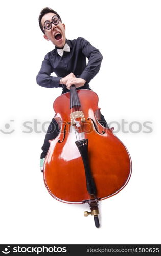 Funny man with violin on white