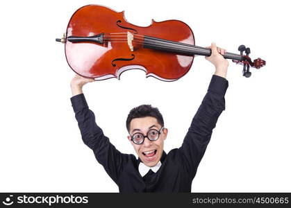 Funny man with violin on white