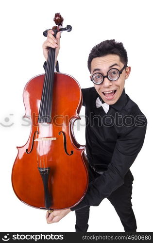 Funny man with violin on white