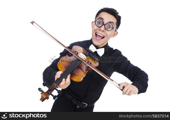 Funny man with violin on white