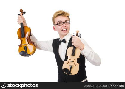 Funny man with violin on white