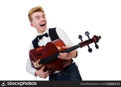 Funny man with violin on white