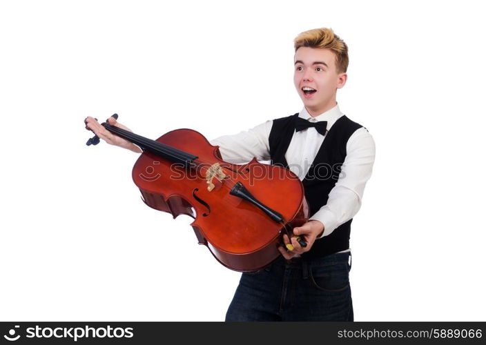 Funny man with violin on white