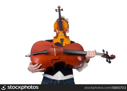 Funny man with violin on white