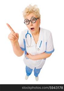 Funny mature doctor in nerd glasses isolated