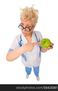 Funny mature doctor with apple isolated