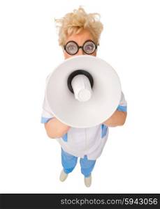 Funny mature doctor with megaphone isolated