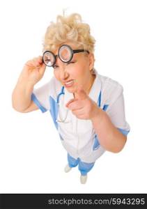Funny mature doctor with nerd glasses isolated