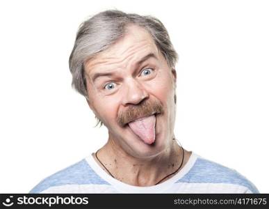 funny mature man shows tongue isolated on white background