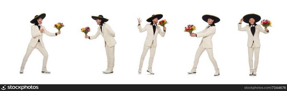 Funny mexican in suit holding flowers isolated on white