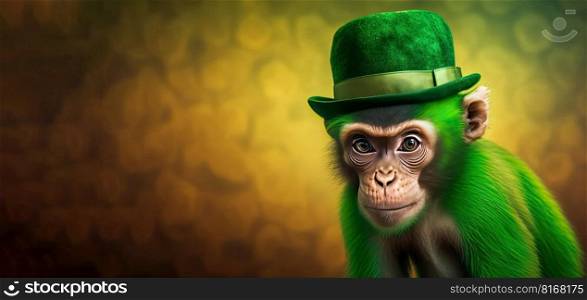 Funny monkey wearing green hat celebrating Saint Patrick Day on a blurred background. Generative AI