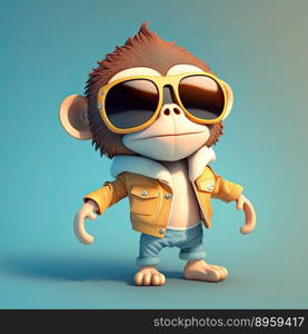 Funny monkey wearing sunglasses on a colorful background. Childish character. Generative AI