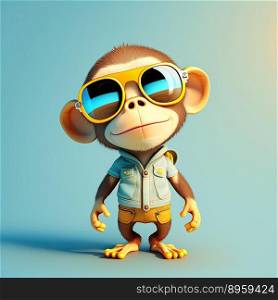 Funny monkey wearing sunglasses on a colorful background. Childish character. Generative AI
