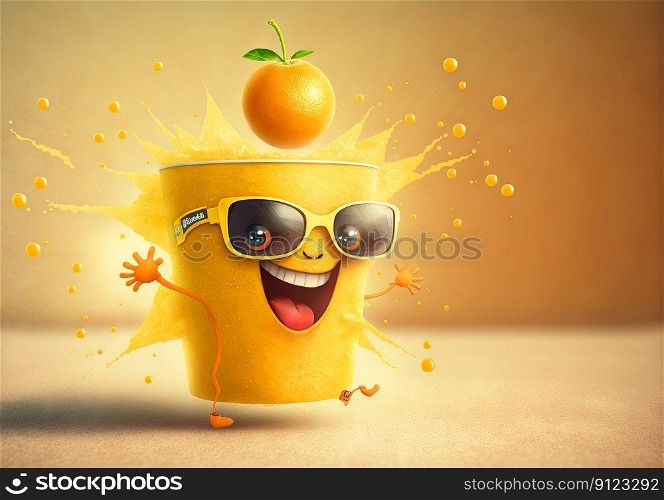 Funny monster juice. Cute glass of juice character with splashing fresh beverage. Generated AI