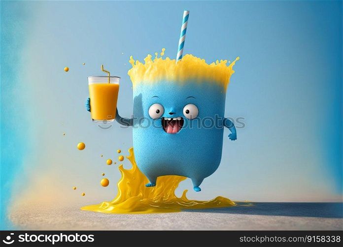 Funny monster juice. Cute glass of juice character with splashing fresh beverage. Generated AI. Funny monster juice. Cute glass of juice character with splashing fresh beverage. Generated AI.