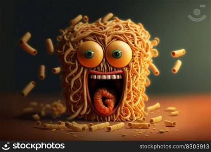 Funny monster spaghetti. Cute pasta, noodle or ramen character with crazy funny face. Generated AI. Funny monster spaghetti. Cute pasta, noodle or ramen character with crazy funny face. Generated AI.