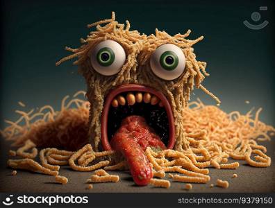 Funny monster spaghetti. Cute pasta, noodle or ramen character with crazy funny face. Generated AI