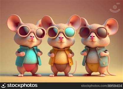 Funny mouses wearing a jacket and sunglasses on a orange background. Generative AI