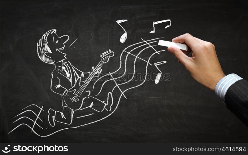 Funny musician chalk drawing. Hand draw with chalk caricature of funny musician