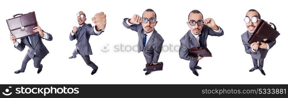 Funny nerd businessman isolated on white