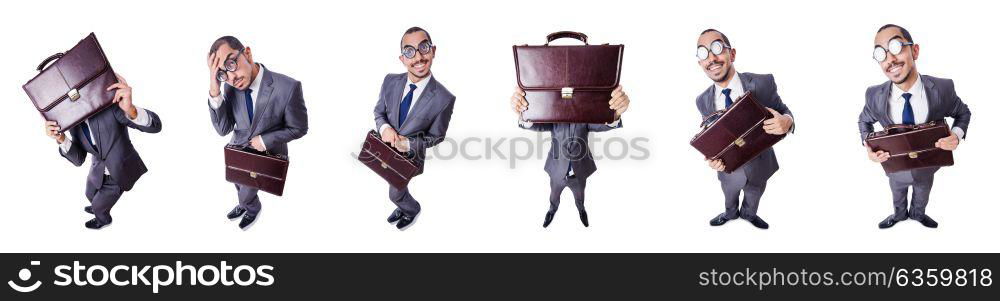 Funny nerd businessman isolated on white