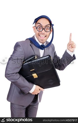 Funny nerd businessman on the white