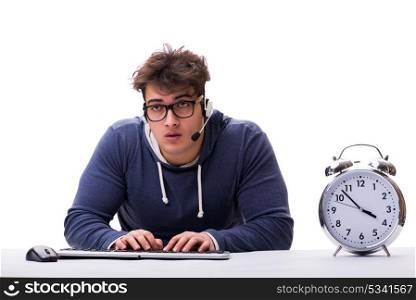 Funny nerd call center operator with giant clock