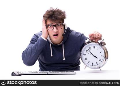 Funny nerd call center operator with giant clock