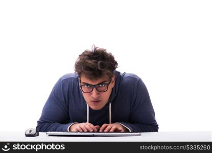 Funny nerd man working on computer isolated on white. Funny nerd man working on computer isolated on white