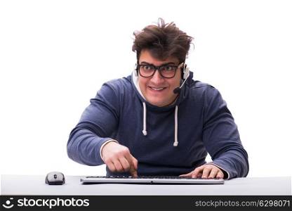 Funny nerd man working on computer isolated on white