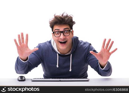 Funny nerd man working on computer isolated on white. Funny nerd man working on computer isolated on white
