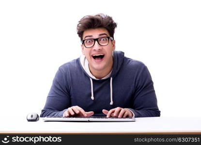 Funny nerd man working on computer isolated on white. Funny nerd man working on computer isolated on white