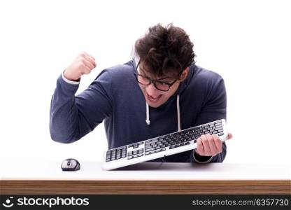 Funny nerd man working on computer isolated on white. Funny nerd man working on computer isolated on white